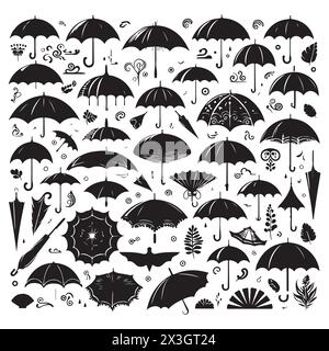 Schwarze Silhouette Set von verschiedenen Regenschirmen, Vektorillustration Stock Vektor
