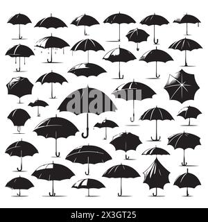 Schwarze Silhouette Set von verschiedenen Regenschirmen, Vektorillustration Stock Vektor