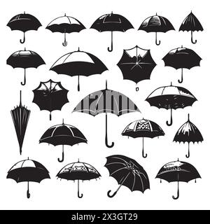 Schwarze Silhouette Set von verschiedenen Regenschirmen, Vektorillustration Stock Vektor