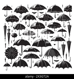 Schwarze Silhouette Set von verschiedenen Regenschirmen, Vektorillustration Stock Vektor