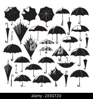 Schwarze Silhouette Set von verschiedenen Regenschirmen, Vektorillustration Stock Vektor