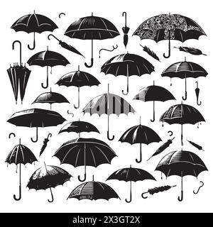 Schwarze Silhouette Set von verschiedenen Regenschirmen, Vektorillustration Stock Vektor