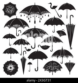 Schwarze Silhouette Set von verschiedenen Regenschirmen, Vektorillustration Stock Vektor