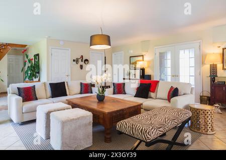 Beigefarbene gepolsterte Sofas mit bunten Kissen, hölzerner Couchtisch und Ottomane mit Zebramotiv im Wohnzimmer in einem luxuriösen Wohnhaus Stockfoto