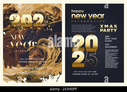 Modernes und elegantes Design Happy New Year 2025 mit glänzenden goldenen Zahlen auf strukturiertem Hintergrund. Premium-Design für Banner, Poster, Kalender. Stock Vektor