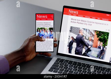 Online-Nachrichten auf Laptop mit mobiler Zeitungstechnologie ansehen Stockfoto