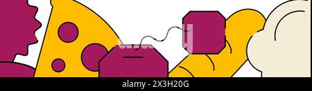 Hintergrund der Vorlage für horizontales Banner oder unteren Rand für Lebensmittel. Illustration des flachen gefüllten Linienvektors auf weiß isoliert. Stock Vektor