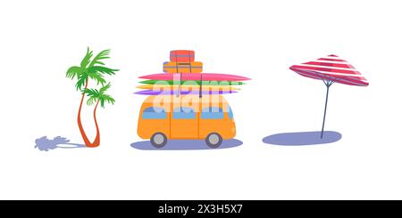 Set isoliert Gelb Bus Koffer Surfbretter tropische Palme Rot weiß gestreifter Sonnenschirm Clipart Flat Vektor Stock Vektor