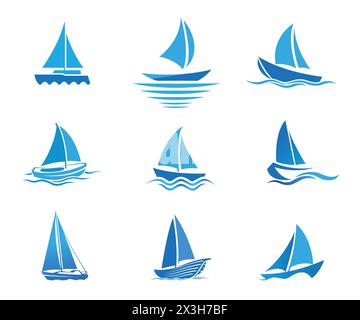 Creative Blue Yachts Boats Collection Set Logo Vektor Design Icons Symbol Illustration Stock Vektor