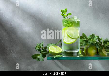 Mojito mit Eis, Limette und Minze. Eisgetränk in einem beschlagenen Glas auf grauem Hintergrund. Kopierbereich. Stockfoto