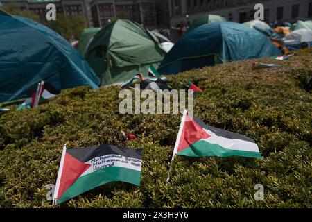 New York City, Usa. April 2024. Palästinensische Fahnen in Büschen umgeben das Studentenlager der Columbia University, mit Namen der im israelischen Krieg auf Gaza getöteten Personen. (Foto: Catherine Nance/SOPA Images/SIPA USA) Credit: SIPA USA/Alamy Live News Stockfoto