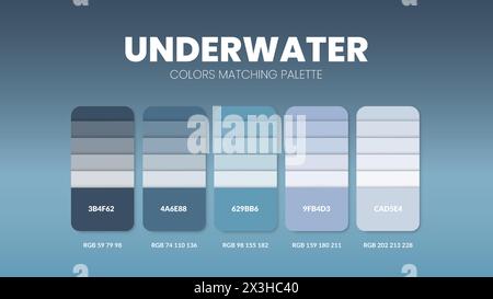 Farbpalette in Unterwasser-Farbthemenkollektionen. Vorlage für Farbinspirierung oder Diagramm mit Codes. Farbkombination RGB. Farbfelder für Stock Vektor