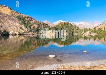 Ruhiger Blick auf den alpinen Cavloc-See in der Nähe des Maloja-Gebirgspasses, Schweiz. Schöne Reflexionen im ruhigen Wasser des Sees. Stockfoto