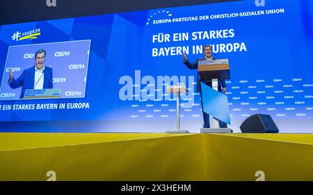 München, Deutschland. April 2024. CSU-Parteichef Markus Söder spricht auf der Kleinparteienkonferenz der CSU zu den Europawahlen. Neben einer Festrede wird auch die so genannte bayerische Agenda, die politischen Forderungen der CSU für die Europawahlen, vorgestellt und diskutiert. Quelle: Peter Kneffel/dpa/Alamy Live News Stockfoto