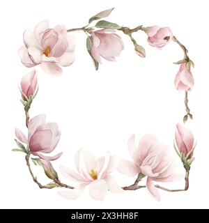 Rahmen aus hellrosa Magnolienblüten, Knospen, Zweigen und Blättern. Quadratische Anordnung. Floral Aquarell Illustration handgemalt isoliert auf weißem Hintergrund Stockfoto