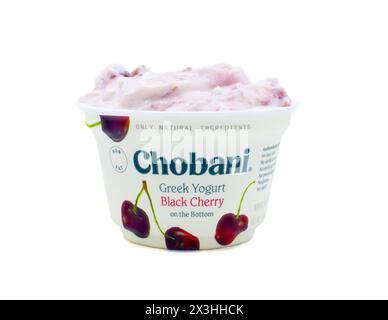 Ocala, FL 9. Januar 2024 Behälter mit griechischem Joghurt der Marke Chobani Frucht mit schwarzem Kirschgeschmack auf der Unterseite einzelner Behälter geöffnet mit Inhalt, i Stockfoto