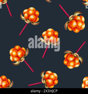 Nahtloses Aquarellmuster mit nördlichen Waldbeeren-Wolkenbeeren-Illlustrationen. Saftige Orangenbeere isoliert auf Hintergrund. ClipArt für Designer Stockfoto