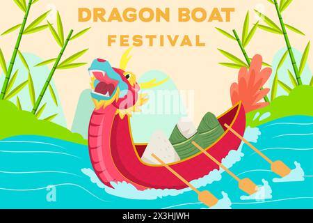 drachenboot Festival Hintergrund Illustration in flacher Art Stock Vektor