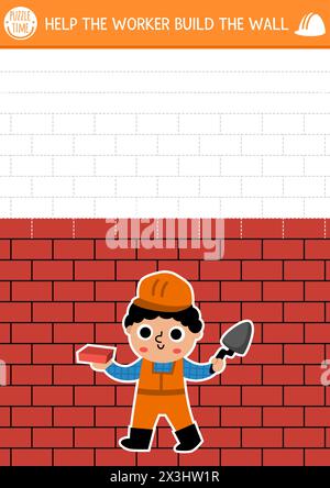 Übung zum Zeichnen und Schreiben auf der Baustelle mit dem Bauherren. Bauarbeiten Puzzle. Druckbares Arbeitsblatt, Spiel für Kinder mit rechteckiger Form t Stock Vektor