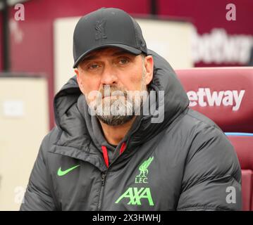 London, Großbritannien. April 2024 - West Ham United gegen Liverpool - Premier League - London Stadium. Liverpool Manager Jurgen Klopp. Bildnachweis: Mark Pain / Alamy Live News Stockfoto