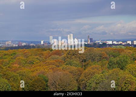 Blick auf den Wald in Richtung Leeds City Centre Stockfoto