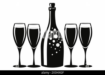 Silhouette einer Champagnerflasche mit vier Gläsern. Schwarz-weiße grafische Illustration isoliert auf weißem Hintergrund minimalistisches Design. Das Konzept der Cele Stock Vektor