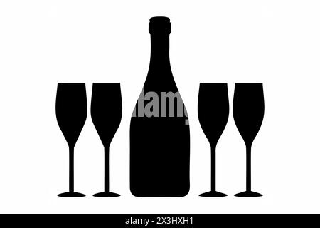 Silhouette einer Champagnerflasche mit vier Gläsern. Schwarzweiß-Grafik isoliert auf weißem Hintergrund. Minimalistisches Design. Konzept der Feier, Neujahr, Weihnachten, Toasten Stock Vektor