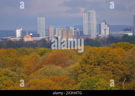 Blick auf den Wald in Richtung Leeds City Centre Stockfoto