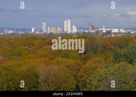 Blick auf den Wald in Richtung Leeds City Centre Stockfoto