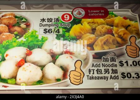 Asien, Singapur, Chinatown, Typisches Food Court, Farbenfrohe Hawker Stall Food Menüs Stockfoto