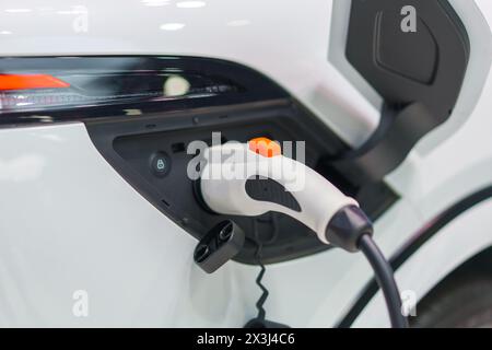 Umweltfreundliche Revolution aus erster Hand, wenn sich Elektrofahrzeuge an unserer Station aufladen. Mit unserem Engagement für Nachhaltigkeit unterstützen wir unsere Ladeinfrastruktur Stockfoto
