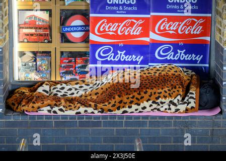 Rauer Schlaf, Obdachloser, in einem Schaufenster unter einer Brücke, London Stockfoto