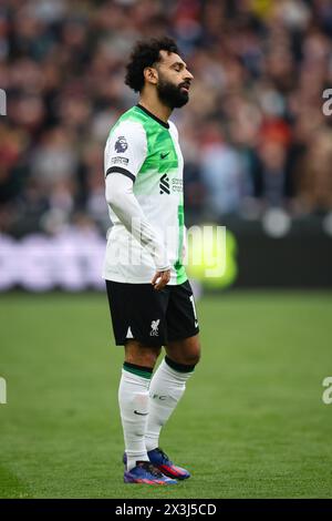 LONDON, Großbritannien - 27. April 2024: Mohamed Salah aus Liverpool reagiert während des Premier League-Spiels zwischen West Ham United FC und Liverpool FC im London Stadium (Credit: Craig Mercer/Alamy Live News) Stockfoto