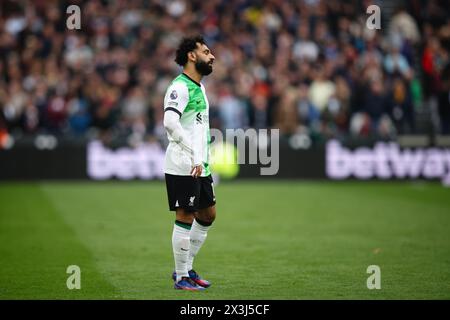 LONDON, Großbritannien - 27. April 2024: Mohamed Salah aus Liverpool reagiert während des Premier League-Spiels zwischen West Ham United FC und Liverpool FC im London Stadium (Credit: Craig Mercer/Alamy Live News) Stockfoto