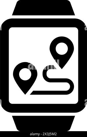 Ein einfaches Schwarzweiß-Symbol, das eine Smartwatch mit Positionsmarkierungen auf der Karte darstellt, die globale Positionierung, Navigation und Echtzeit-Tracking-Kappe symbolisieren Stock Vektor