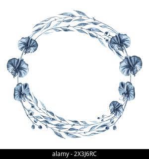 Blumenkranz mit blauen Orchideenblüten und Blättern. Handgezeichnete Aquarellillustration isoliert auf weißem Hintergrund. Indigo Schwarzweiß, runder Rahmen Stockfoto