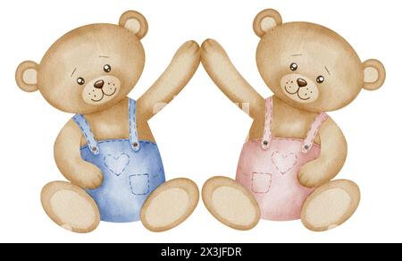 Aquarellillustration mit Teddybären. Handgezeichnete kleine niedliche Tiere in pastellblauen und rosa Farben für Babyduscheinladungen oder Geburtstagsgrußkarten. Zeichnung für kindliches Design. Stockfoto