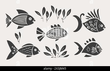Isolierte Flussfische. Set von Süßwasser-Aquarium-Cartoon-Silhouetten-Fischen. Sorten von beliebten Zierfischen. Flacher Fisch. Vektorillustratio Stock Vektor
