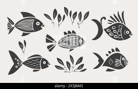 Isolierte Flussfische. Set von Süßwasser-Aquarium-Cartoon-Silhouetten-Fischen. Sorten von beliebten Zierfischen. Flacher Fisch. Vektorillustratio Stock Vektor