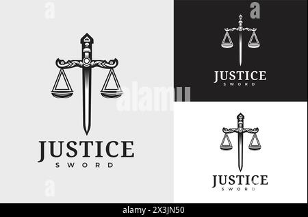 Judicial Balance Justice Silhouette mit klassischem Schwert Ornament-Symbol für das Logo der Rechtsanwaltskanzlei Legal Court Services Stock Vektor