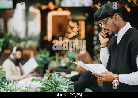 Ein aufmerksamer junger Mann in stilvoller Kleidung bewertet Papierkram, während er in einem üppigen Café telefoniert. Stockfoto