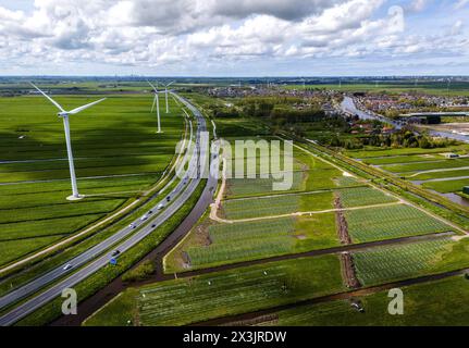 ALPHEN AAN DEN RIJN – In der Nähe von Alphen aan den Rijn wird Ein neuer Solarpark neben der N11 gebaut. Die 16.000 Solarpaneele sollten in der Lage sein, ca. 1.800 Haushalte mit Strom zu versorgen. Die Sonnenwiese kann auch mit den Windturbinen auf der anderen Seite der N11 verbunden werden. Foto: ANP / Hollandse Hoogte / John van der Tol niederlande Out - belgien Out Stockfoto