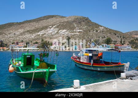 Boote in Hafen, Insel Kastellorizo (Megisti), Dodecanese Group, Griechenland Stockfoto