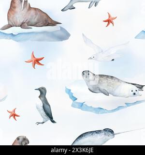 Nahtloses Aquarellmuster mit Illustration von arktischen Meerestieren Robbe, Narwal, weiße Möwe, Walrosse auf schwimmendem Eis, auf abstraktem Blau und weiß Stockfoto