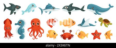 Ein Set von Meerestieren-Stickern. Unterwasserleben. Süßer Wal, Tintenfisch, Tintenfisch, Stachelrochen, Quallen, Fisch, Krabben, Seepferdchen. Fische und wilde Meerestiere Stock Vektor