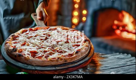 Peperoni Pizza mit Zwiebelringen, im Holzofen gebraten Stockfoto