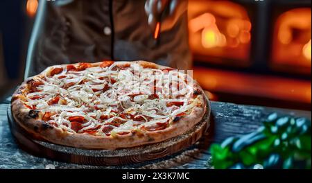 Peperoni Pizza mit Zwiebelringen, im Holzofen gebraten Stockfoto