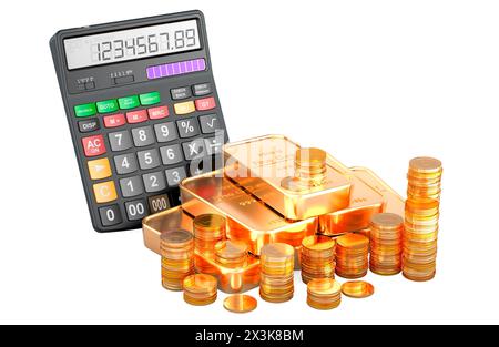 Taschenrechner mit goldenen Münzen und Goldbarren, 3D-Rendering isoliert auf weißem Hintergrund Stockfoto
