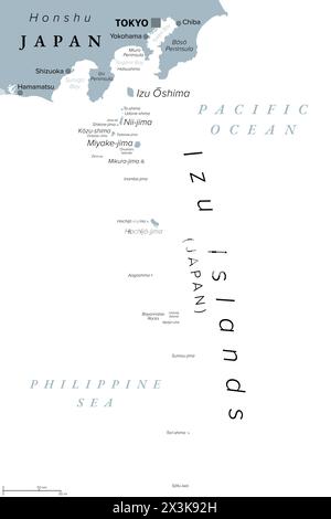Izu-Inseln, vulkanische Inselgruppe Japans, graue politische Karte. Gelegen im Pazifik, Teil der Präfektur Tokio. Stockfoto