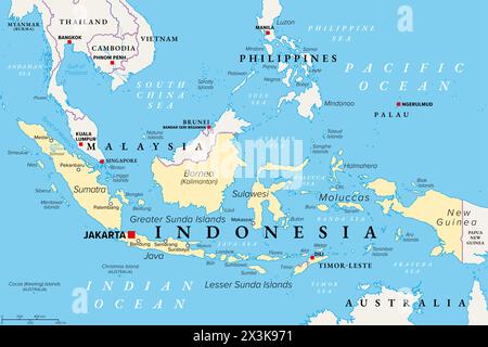 Indonesien, ein Land in Südostasien und Ozeanien, politische Karte. Mit den größten Inseln Sumatra, Java, Sulawesi und Teilen von Borneo und Neuguinea. Stockfoto